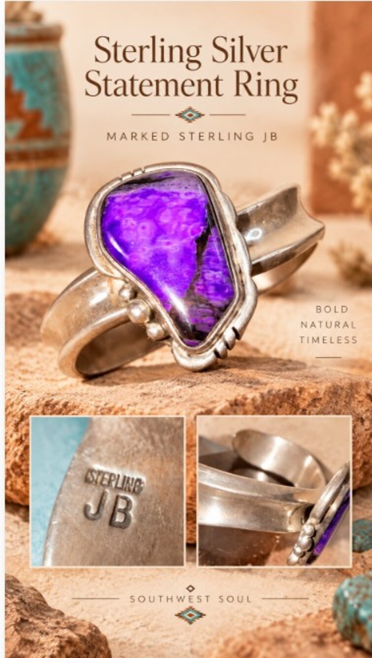 DF.890 Vintage Sterling Silver Cuff Bracelet with Large Sugilite-Style Cabochon
